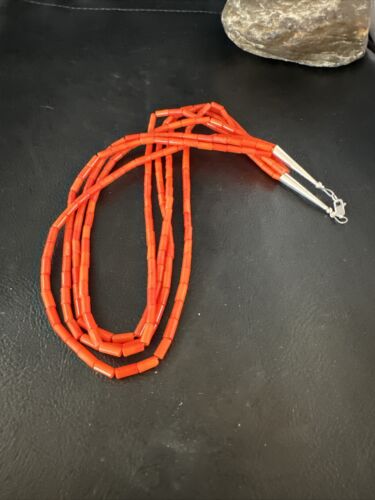 Navajo Orange Coral Tube Heishi Bead Necklace | Sterling Silver | 18" | Authentic Native American Handmade | 15281