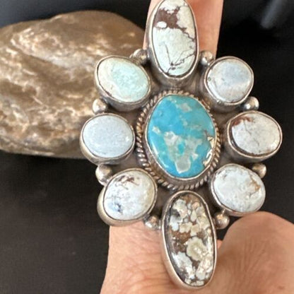 Navajo Golden Hills Turquoise Cluster Ring | Authentic Native American Sterling Silver | Multi-Stone | Sz 8.5 | 16285