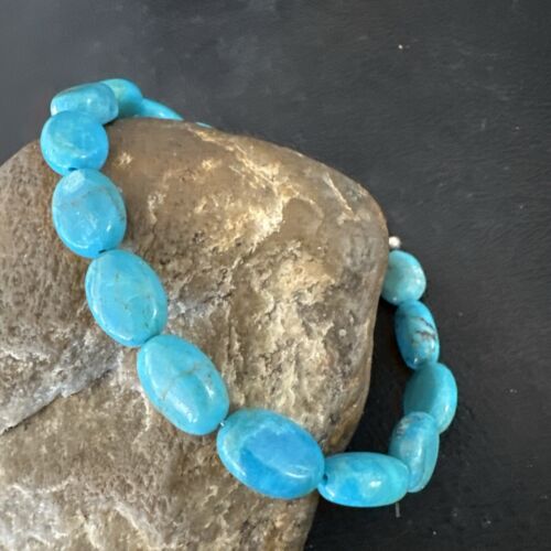 Women's Blue Turquoise Bead Bracelet | Southwestern Sterling Silver Link | 9" | 17229