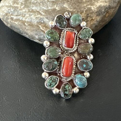 Navajo Spiderweb Turquoise Coral Cluster Ring | Authentic Native American Sterling Silver | Multi-Stone | Sz 10 | 17183