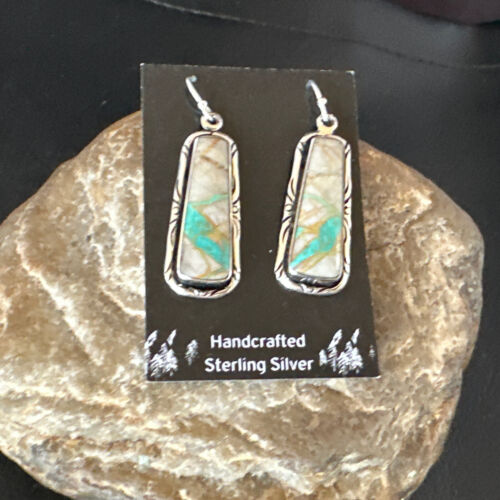 Navajo Blue Boulder Turquoise Dangle Earrings | Sterling Silver | Authentic Native American Handmade | 16496
