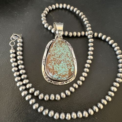 Navajo Blue Turquoise #8 Pendant | Sterling Silver Necklace with Pearls | Authentic Native American Handmade | 16347