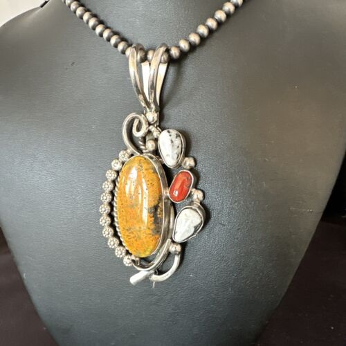 Navajo Bumblebee Jasper & White Buffalo Sterling Silver Pendant Necklace | 21" | Handmade | 15948