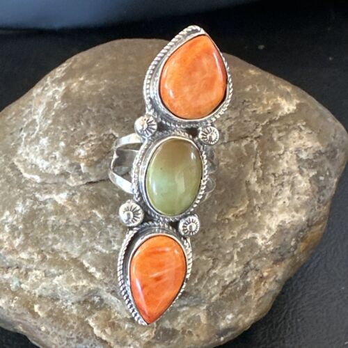 Navajo Green Turquoise Spiny Oyster Multi-Stone Ring | Authentic Native American Sterling Silver | Sz 10 | 16713