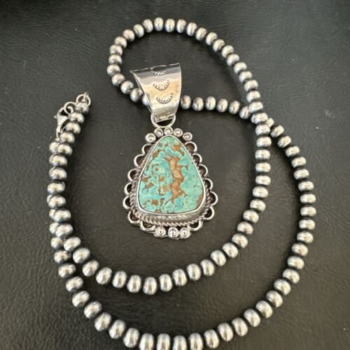 Women's Royston Turquoise Pendant Necklace | Navajo Pearls | Sterling Silver | Authentic Native American Handmade | 17062