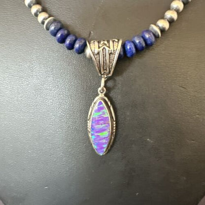Navajo Lapis Purple Opal Pendant Necklace | Sterling Silver | 20" | Authentic Native American Handmade | 17551