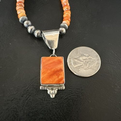 Navajo Pearls Sterling Silver Necklace with Orange Spiny Oyster Pendant | 17049