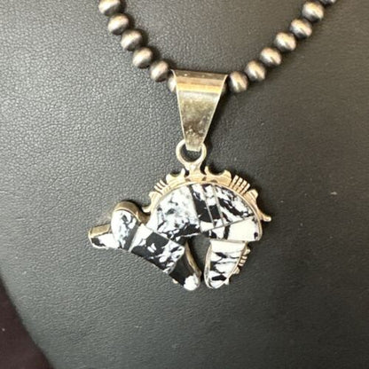 Navajo White Buffalo Turquoise Bear Inlay Pendant Necklace | Sterling Silver | Native American Handmade | 15247