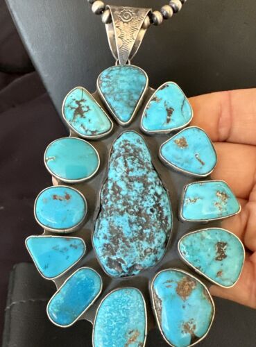 Navajo Blue Kingman Turquoise Cluster Pendant Necklace | Sterling Silver | Authentic Native American Handmade | 16795