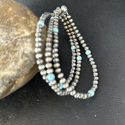 Navajo Pearls Sterling Silver Blue Turquoise 3-Strand Bracelet | 8.5" | Authentic Native American Handmade | 13576