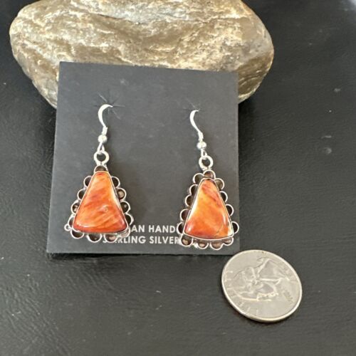 Navajo Orange Spiny Oyster Dangle Earrings | Sterling Silver | Authentic Native American Handmade | 17265