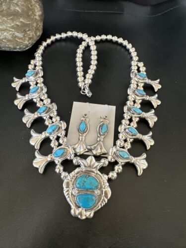 Kingman Turquoise Navajo Squash Blossom Necklace & Earrings | Sterling Silver | Native American Handmade | 16543
