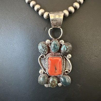 Navajo Turquoise Coral Cluster Pendant Necklace | Sterling Silver | Authentic Native American Handmade | 17186