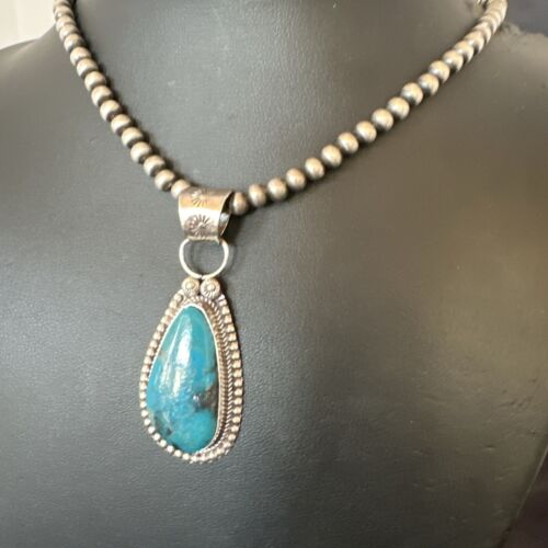 Navajo Pearls Kingman Turquoise Pendant Necklace | Sterling Silver | Authentic Native American Handmade | 17129