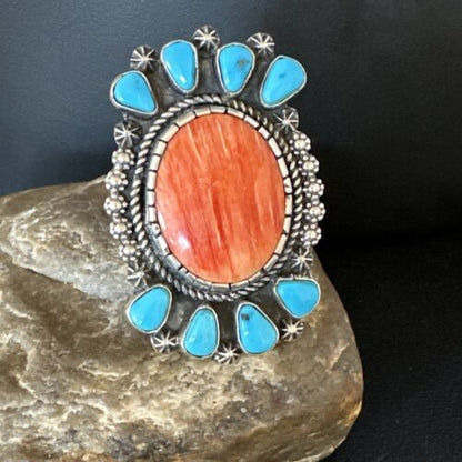 Navajo Turquoise Spiny Oyster Multi-Stone Ring | Authentic Native American Sterling Silver | Sz 8 | 15076