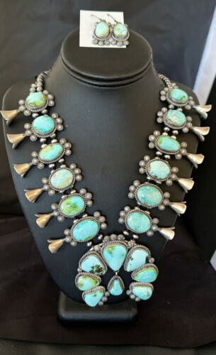 Royston Turquoise Navajo Squash Blossom Necklace & Earrings | Sterling Silver | Native American Handmade | 16536