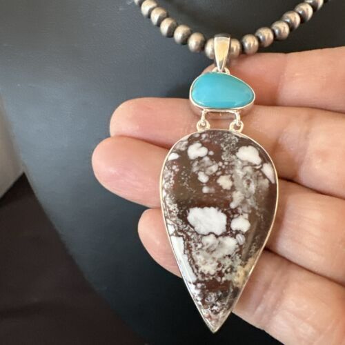 Navajo Wild Horse | Blue Kingman Turquoise Necklace | Sterling Silver | Authentic Native American Handmade | 17304