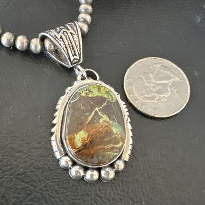 Navajo Green Gaspeite Pendant Necklace | Sterling Silver | Authentic Native American Handmade | 17424
