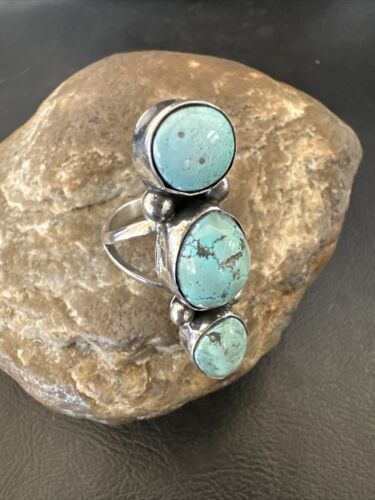 Navajo Blue Dry Creek Turquoise Cluster Ring | Authentic Native American Sterling Silver | Multi-Stone | Sz 8.5 | 17839