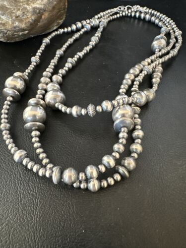 Navajo Pearls Mixed Bead Bib Necklace | Sterling Silver | 3-Strand | 20" | Authentic Native American Handmade | 14954