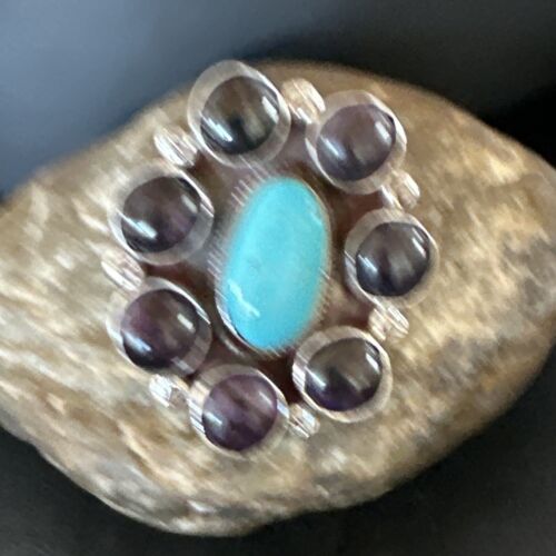 Navajo Cluster Blue Kingman Turquoise Sugilite Ring | Authentic Native American Sterling Silver | Multi-Stone | Sz 8 | 16774