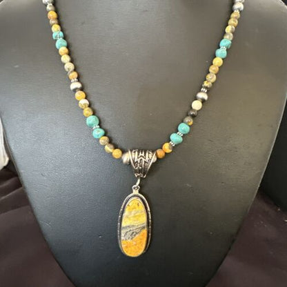 Navajo BumbleBee Jasper Pendant with Pearls | Sterling Silver Necklace | Authentic Native American Handmade | 16877