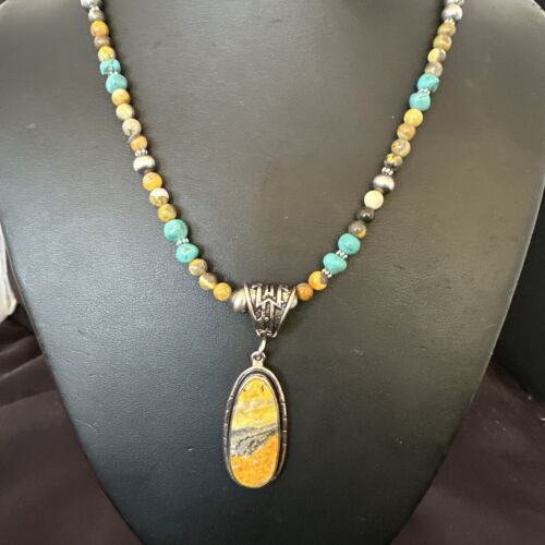 Navajo BumbleBee Jasper Pendant with Pearls | Sterling Silver Necklace | Authentic Native American Handmade | 16877
