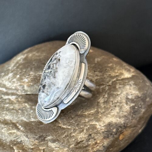 Navajo White Buffalo Turquoise Ring | Sterling Silver | Sz 8 | Authentic Native American Handmade | 14555