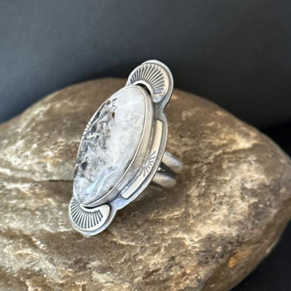 Navajo White Buffalo Turquoise Ring | Sterling Silver | Sz 8 | Authentic Native American Handmade | 14555