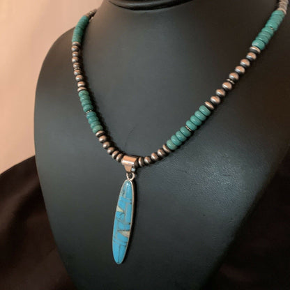 Navajo Blue Turquoise Opal Inlay Pendant Necklace | Sterling Silver | Authentic Native American Handmade | 11473