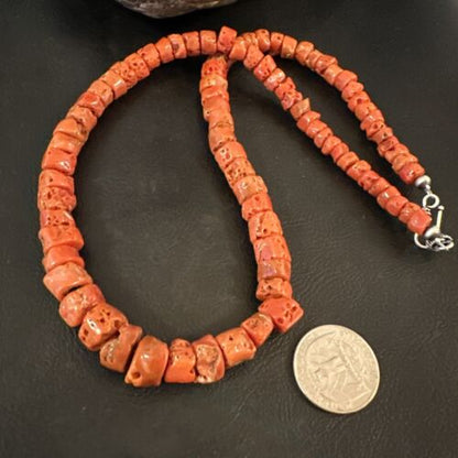 Navajo Graduated Red Coral Bead Necklace | Sterling Silver | 20" | Authentic Native American Handmade | 16336