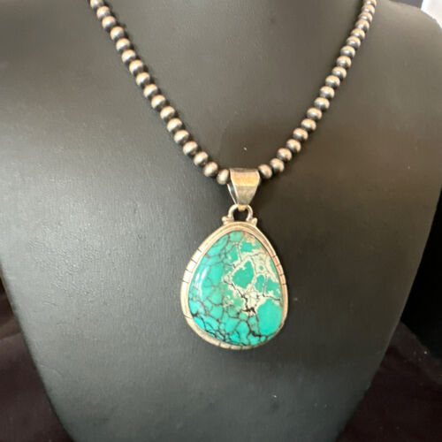 Men's Navajo Blue Spiderweb Turquoise Pendant Necklace | Sterling Silver | Authentic Native American Handmade | 16203