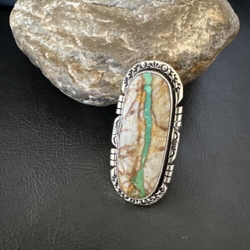 Navajo Ribbon Boulder Green Turquoise Ring | Sterling Silver | Sz 10 | Authentic Native American Handmade | 16253