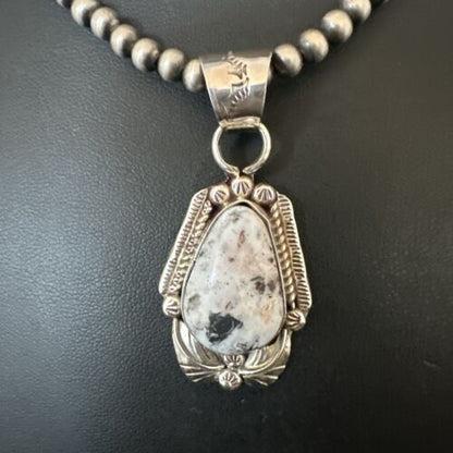 White Buffalo Turquoise Pendant | Navajo Pearls | Sterling Silver Necklace 21" | 17327