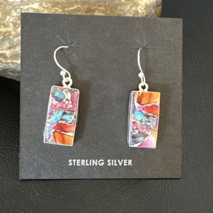 Navajo Blue Turquoise & Red Spiny Oyster Inlay Dangle Earrings | Sterling Silver | Native American Handmade | 15576