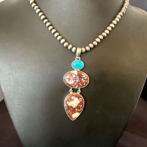 Navajo Wild Horse Blue Kingman Turquoise Necklace | Sterling Silver | 17321