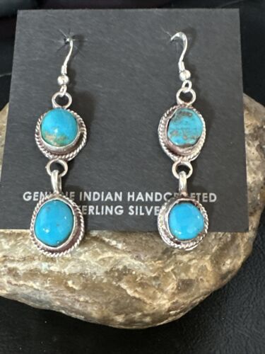 Kingman Turquoise Dangle Earrings | Navajo Sterling Silver | Authentic Native American Handmade | 14865