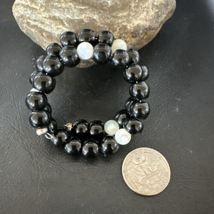 Memory Wire Stainless Steel Bracelet | Black Onyx & Mother of Pearl Beads | 17619