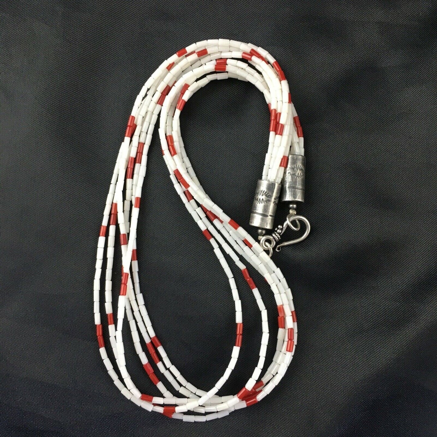 Men's Navajo Red White Coral Heishi Necklace | Sterling Silver | 6 Strand | 18" | 10147