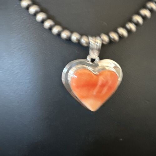 Navajo Orange Heart Spiny Oyster Pendant | Sterling Silver Necklace | Authentic Native American Handmade | 15015