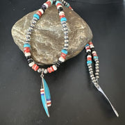 Navajo Turquoise Spiny Oyster Inlay Pendant Necklace | Sterling Silver | Authentic Native American Handmade | 13560