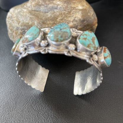 Navajo Blue #8 Turquoise Cuff Bracelet | Sterling Silver | 5 Stones | Authentic Native American Handmade | 01884