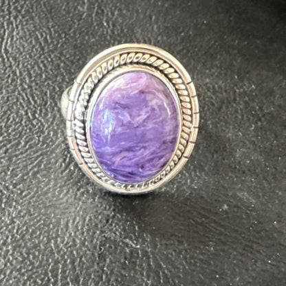 Navajo Purple Charoite Oval Ring | Sterling Silver | Sz 8 | Authentic Native American Handmade | 15541