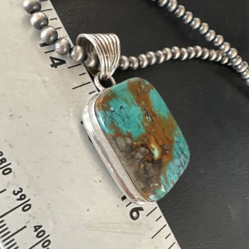 Navajo Blue Spiderweb Turquoise Pendant | Sterling Silver Necklace with Pearls | Authentic Native American Handmade | 15569