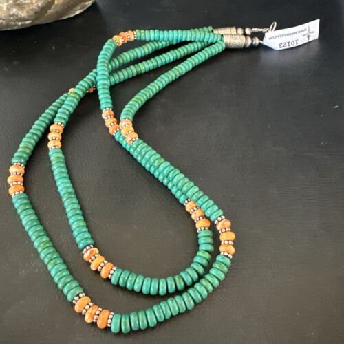 Navajo Green Turquoise Spiny Oyster Necklace | Sterling Silver | 21" | Authentic Native American Handmade | 10123