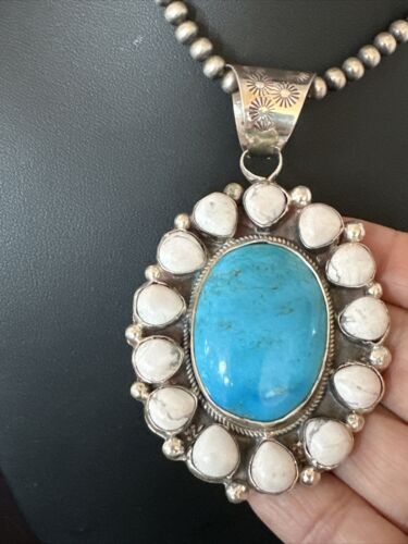 Navajo Blue Turquoise White Cluster Pendant Necklace | Sterling Silver | Multi-Stone | 17391