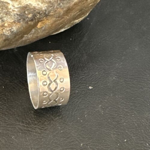 Men's Wide Band Navajo Stamped Ring | Sterling Silver | Sz 11 | Authentic Native American Handmade | 14978