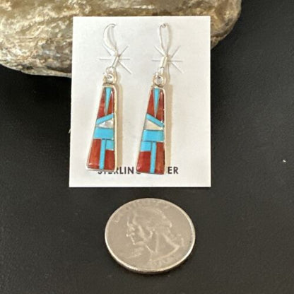 Navajo Blue Turquoise Red Coral Inlay Earrings | Sterling Silver | 1" | Authentic Native American Handmade | 15701