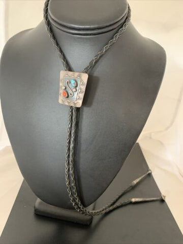 Native Old Pawn Bolo Tie Mens Sterling Silver Navajo Turquoise Coral 2003