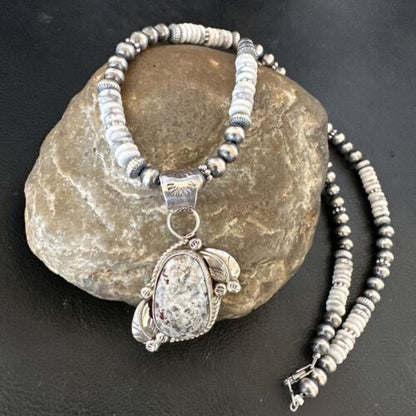Navajo White Buffalo Turquoise Pendant Necklace | Sterling Silver | Authentic Native American Handmade | 17336